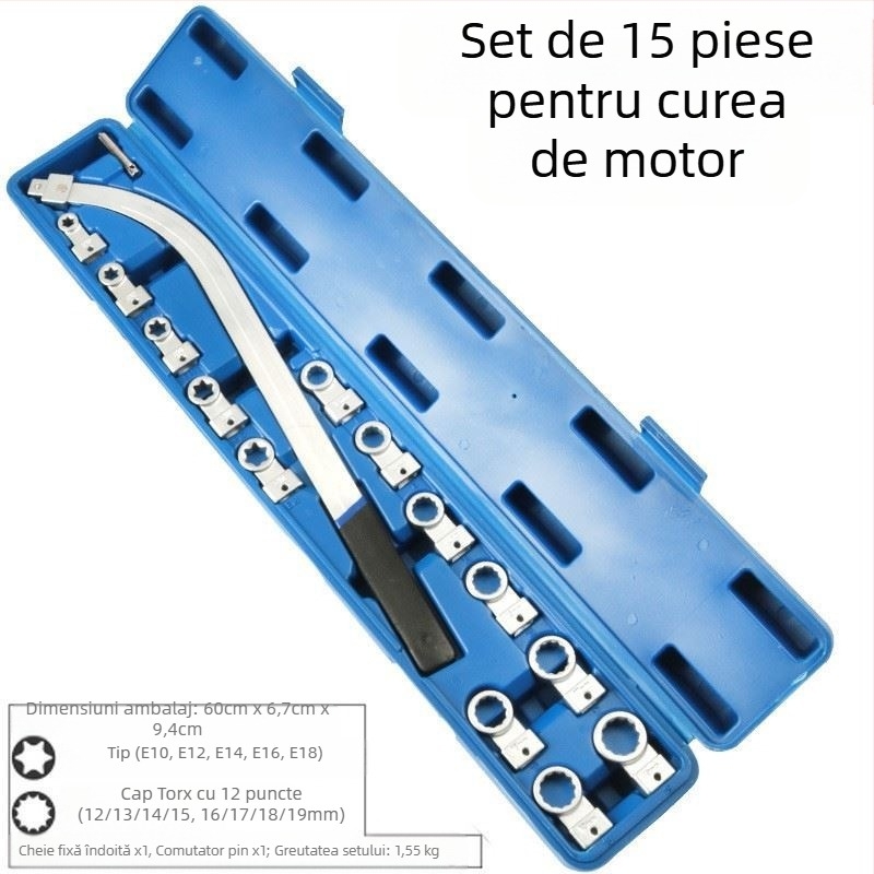 Cheie de curea, set de 15 piese cu capete interschimbabile, finisaj cromat, oțel crom-vanadiu, Greutate 1.7