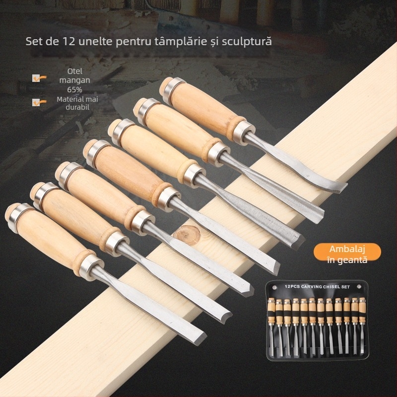 Set de unelte pentru sculptură în lemn – 12 piese, cuțite și dalte pentru cioplire, sculptură rădăcină făcută manual, unelte de prelucrare a lemnului