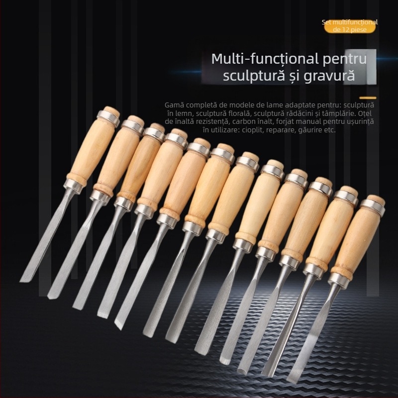 Set de unelte pentru sculptură în lemn – 12 piese, cuțite și dalte pentru cioplire, sculptură rădăcină făcută manual, unelte de prelucrare a lemnului