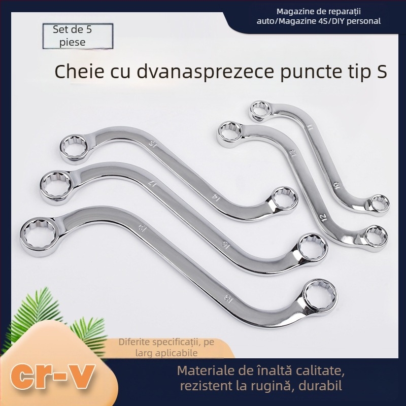 Musen Hall set Plum wrench de 5 piese, cu capete în formă S, plăci în formă de U și C, mânere curbate, chei hex bidirecționale; material: oțel crom-vanadiu, finisaj cromat lucios