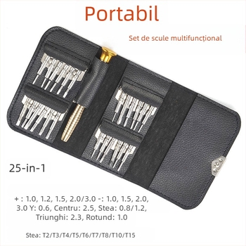 Set 25 în 1 de șurubelnițe cu husă din piele pentru repararea telefoanelor, laptopurilor și ochelarilor