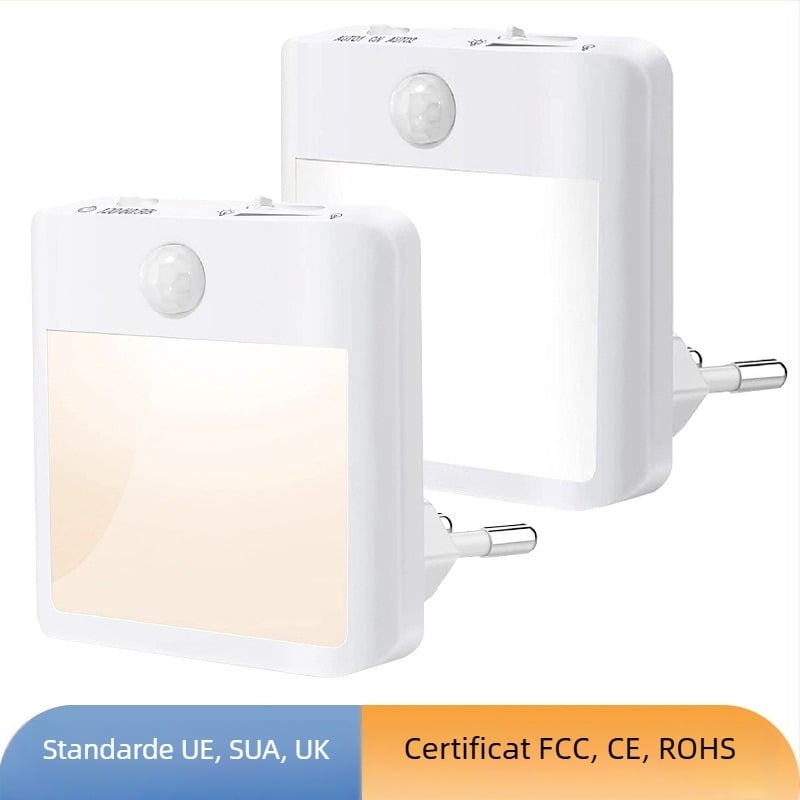 Lumină de noapte cu senzor PIR, alimentare la priză, LED pentru protecția ochilor, 110–230V, rază de detecție 5–8 m, 0,8W, NL001, carcasă PC