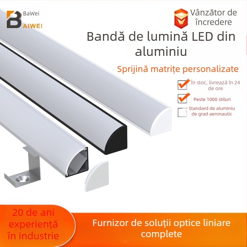 Bandă LED în formă de U, montaj deschis, carcasă rigidă pentru bandă, model L054, material aliaj de aluminiu + difuzor din plastic, finisaj oxid, pentru iluminat interior
