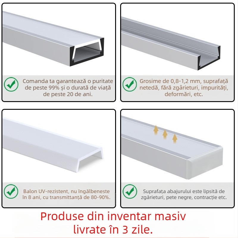 Bandă LED în formă de U, montaj deschis, carcasă rigidă pentru bandă, model L054, material aliaj de aluminiu + difuzor din plastic, finisaj oxid, pentru iluminat interior
