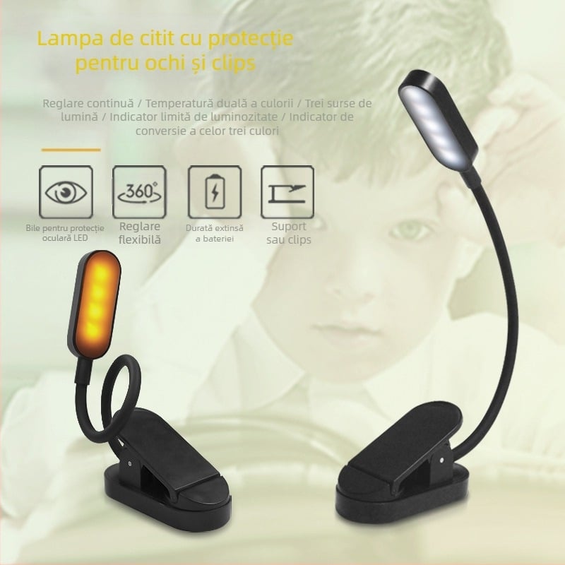 Lampa clip pentru citit cu USB, lampă LED de birou cu protecție a ochilor, lampă portabilă pentru noptieră, model 8036, abajur din plastic, întrerupător cu buton, tensiune ≤36V