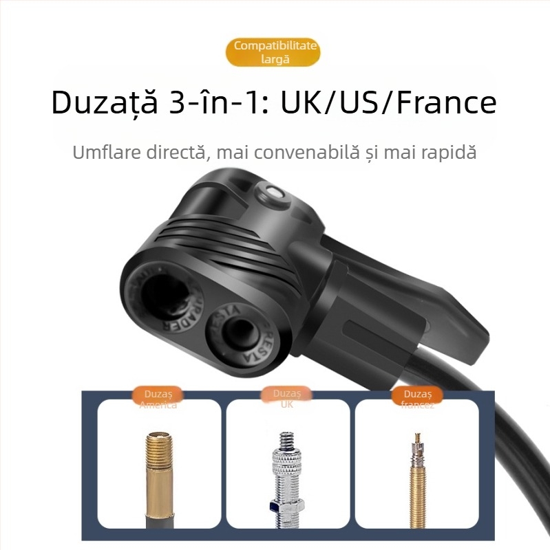 Pompă de picior pentru autoturisme, biciclete, motociclete și vehicule electrice — înaltă presiune, cilindru unic, debit aer 25 L/min, manometru