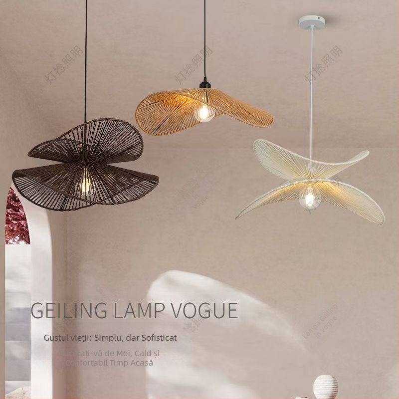 Lustră suspendată cu fir – iluminare LED, corp din fier, 220V, cu un singur braț, abajur din sfoară