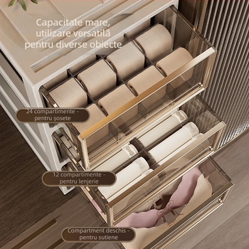  cutie de depozitare pentru lenjerie cu sertar — organizator 3 în 1 pentru sutiene, lenjerie și șosete; PP plastic, protecție împotriva prafului; greutate 0,95–3,01 kg; brand Flying Cat.