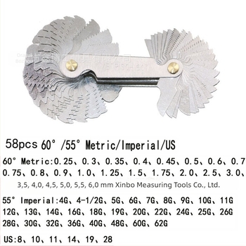 Jinggong gabarit filete, set de 58 piese, unghi de filet 60°, standard britanic și american, intervalul 0,25–6, oțel inoxidabil