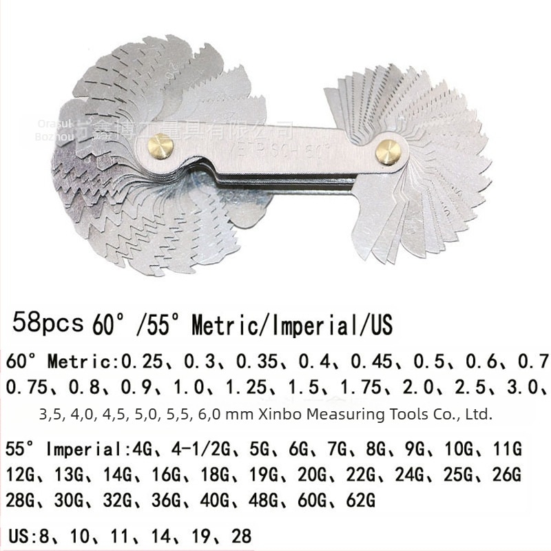 Jinggong gabarit filete, set de 58 piese, unghi de filet 60°, standard britanic și american, intervalul 0,25–6, oțel inoxidabil