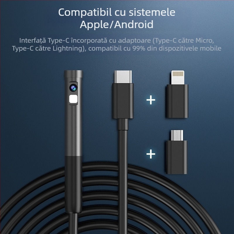 Endoscop cu două lentile pentru reparații auto și conducte industriale, model W300, sondă 5.5 mm, lungime de lucru 1000 mm, IP67 impermeabil, unghi de vizualizare 68°