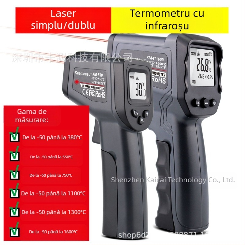 Termometru infraroșu / pistol de măsurare a temperaturii pentru temperaturi înalte, intervalul -50…380°C și până la 1600°C, timp de răspuns 500 ms, baterie AAA/9V, Card test.