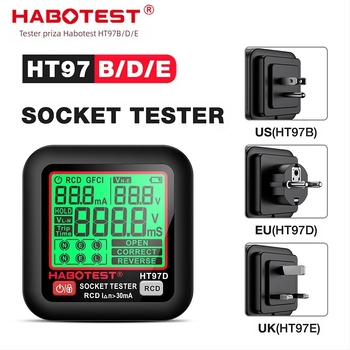 HABOTEST HT97BDE tester priză cu afișaj digital, detecție scurgeri și testare fază multifuncțională