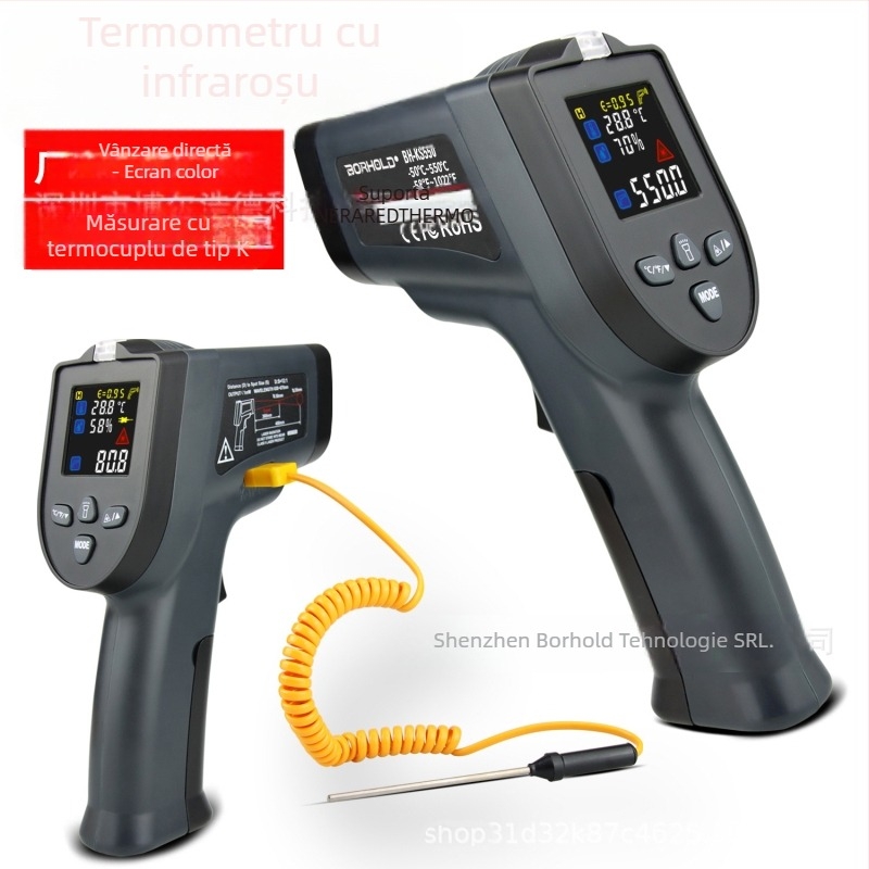 Termometru infraroșu cu termocuplă tip K, portabil, ecran LCD, baterie 9V, timp de răspuns 500 ms