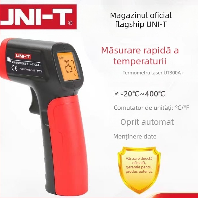 Termometru infraroșu portabil UT300A/UT300C cu laser, rezoluție 0.1°C, interval -32 la 1050°C, precizie ±1.8°C, timp de răspuns 500 ms