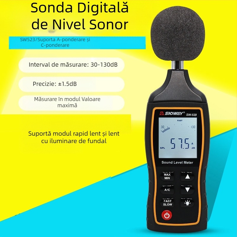Măsurător digital de zgomot SW523/524, interval 30-130 dB, precizie ±1,5 dB, rezoluție 0,1 dB, temperatură de funcționare 0-40°C