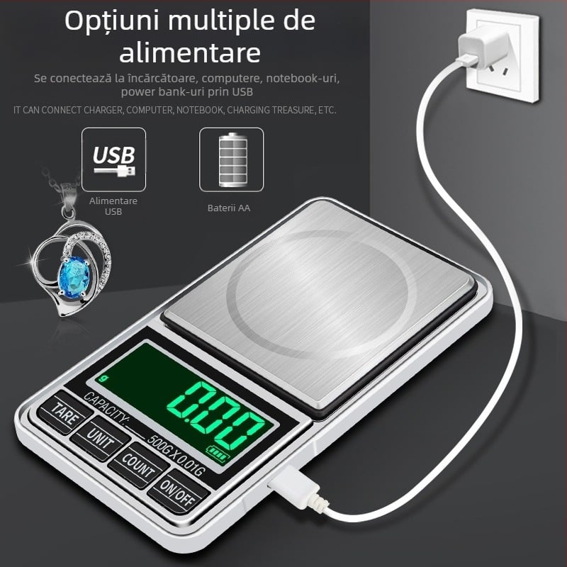 Cântar portabil pentru bijuterii din aur, alimentare USB, precizie 0,01 g, dimensiune de buzunar pentru uz casnic