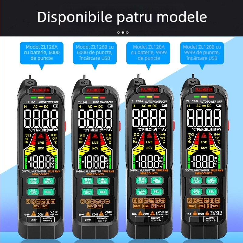 ZL126A/ZL128 Multimetru digital portabil cu scalare automată, 600V CAT III, măsoară tensiuni DC/AC până la 1000V/750V, capacitate până la 1.000.000 μF