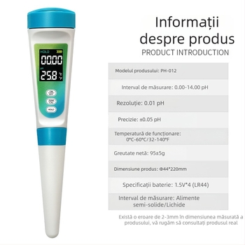 Măsurător portabil de pH cu electrod din sticlă, afișaj digital, interval pH 0-14, precizie 0,01 pH, compensare de temperatură 0-60 °C