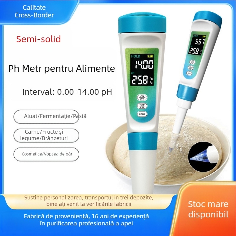 Măsurător portabil de pH cu electrod din sticlă, afișaj digital, interval pH 0-14, precizie 0,01 pH, compensare de temperatură 0-60 °C