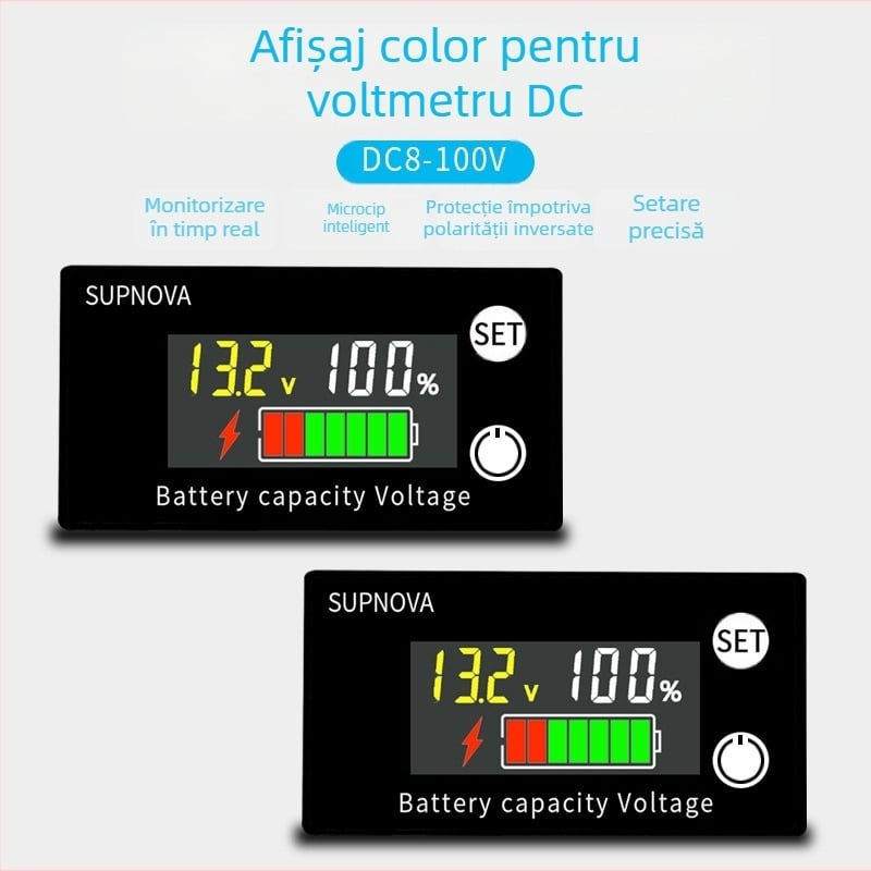 Voltmeter LCD pentru motocicletă electrică, 8-100V, indicator de tensiune pentru baterii plumb-acid și litiu
