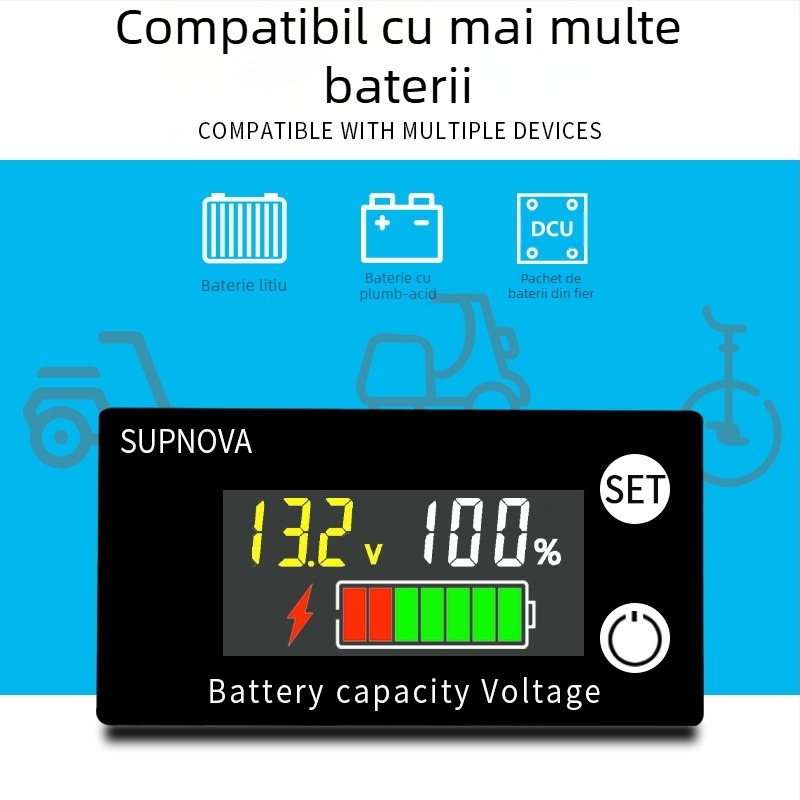 Voltmetru LCD pentru motociclete electrice, 8–100V, pentru baterii cu plumb-acid și litiu, afișaj digital