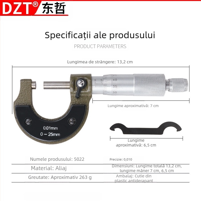 MFTOOLS Micrometru 0-25 mm, cardă de micrometru și calibru vernier