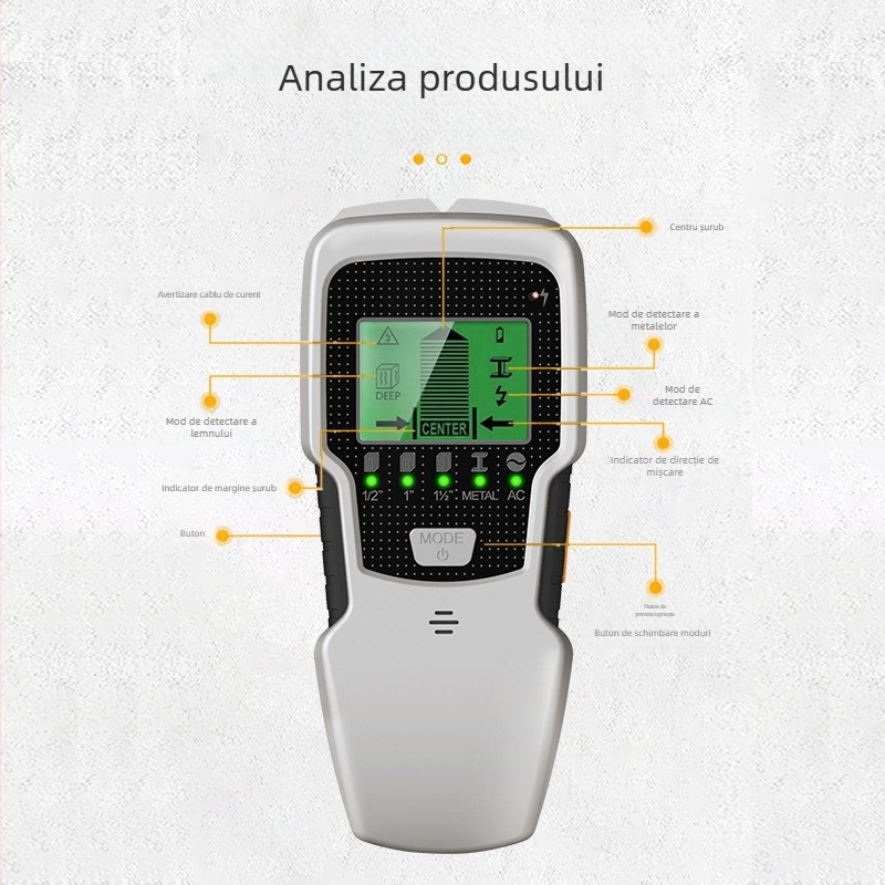 SH501 detector portabil pentru pereți, funcție cinci în unu; interval de măsură 12,7–60 mm; dimensiune sondei 60 mm; alarmă Roar