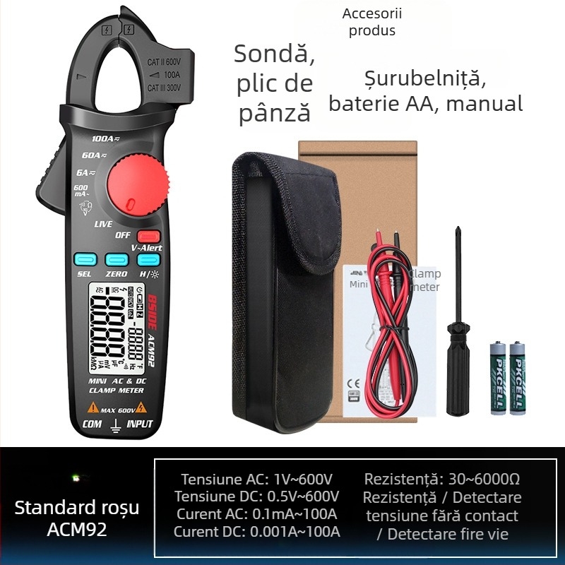 BSIDE ACM92 Multimetru digital AC/DC cu clemă, 100 A, 600 V, 6000 Ω