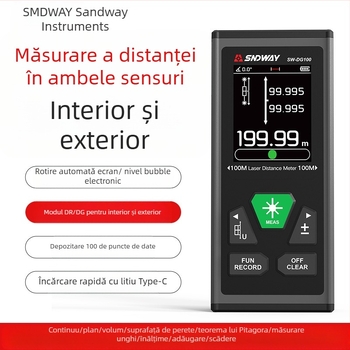 Distanțier laser bidirecțional cu riglă electronică infraroșu, rază 200 m, spate magnetic, baterie de litiu