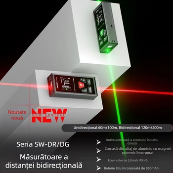 Distanțier laser bidirecțional cu riglă electronică infraroșu, rază 200 m, spate magnetic, baterie de litiu