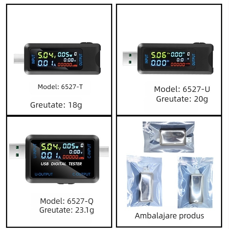 Volmetru USB pentru tensiune și curent cu afișaj digital, tester de capacitate și detector pentru power bank (Intrare: 4.5–36 V; Temperatură: 10–60 °C; Greutate: 19.8 g)