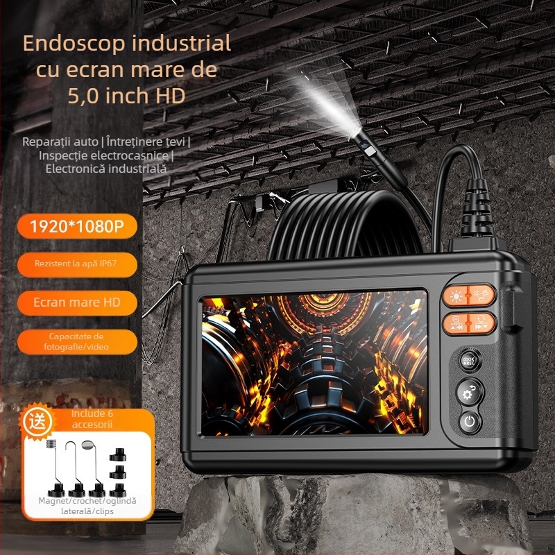 Endoscop industrial cu lentile duale, diametru sondei 8,0 mm, lungime de lucru 5 m, IP67 rezistent la apă, iluminare LED, display HD IPS