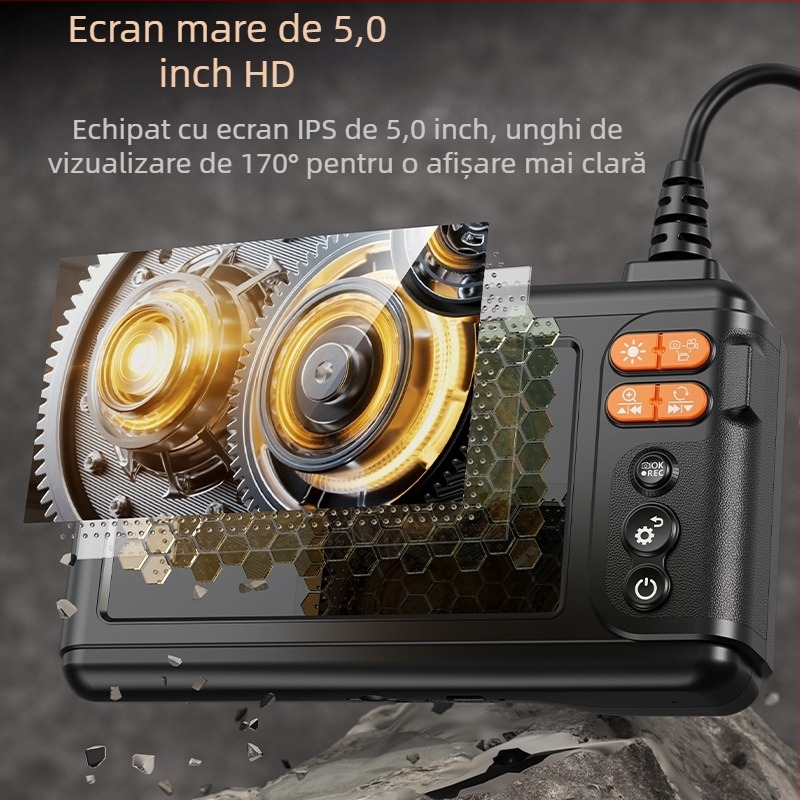 Endoscop industrial cu lentile duale, diametru sondei 8,0 mm, lungime de lucru 5 m, IP67 rezistent la apă, iluminare LED, display HD IPS