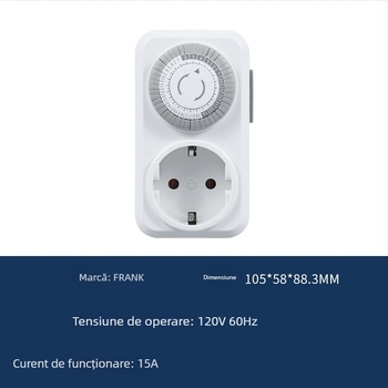 Priză timer mecanic în stil european, ciclu de 24 de ore, 16 A, 250 V, carcasă din PC ignifug
