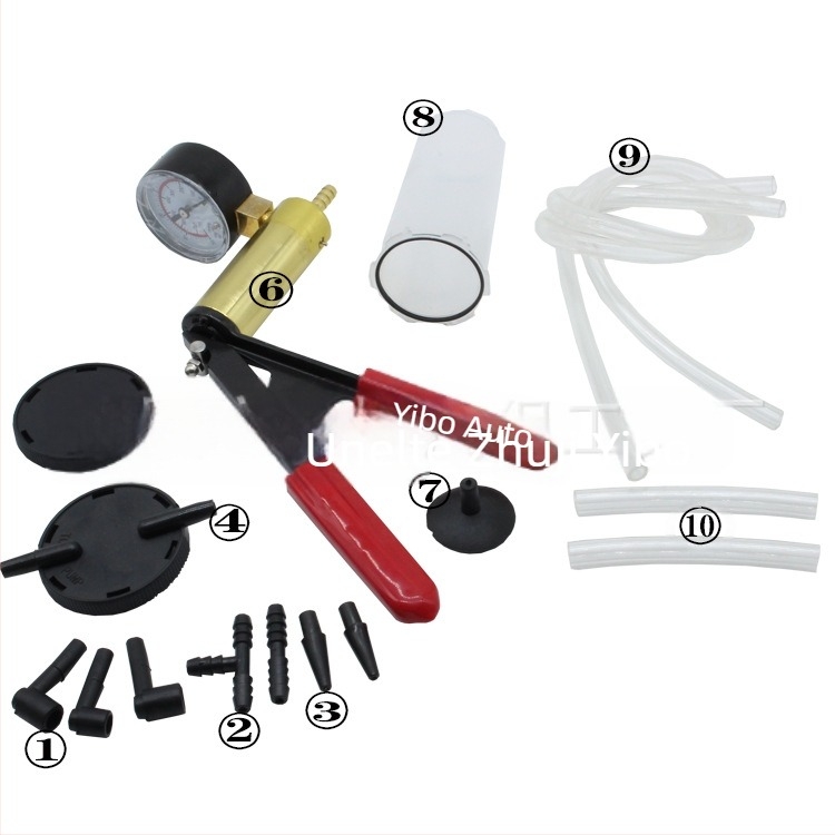 Pompa manuală cu vid pentru înlocuirea lichidului de frână auto, model YB-112, interval de presiune 0–30 inHg (0–760 mmHg), precizie, greutate 0,9 kg.