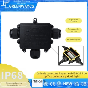 Cutie de branșare impermeabilă în formă de T pentru iluminat exterior – rezistentă la flăcări, din plastic, 0,5-4,0 mm²