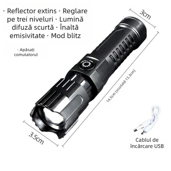 Lanternă LED reîncărcabilă cu zoom, baterie 1200mAh, încărcare USB, rotație 360°, rază peste 500 m