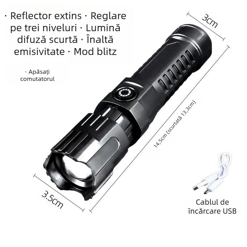 Lanternă LED reîncărcabilă cu zoom, baterie 1200mAh, încărcare USB, rotație 360°, rază peste 500 m