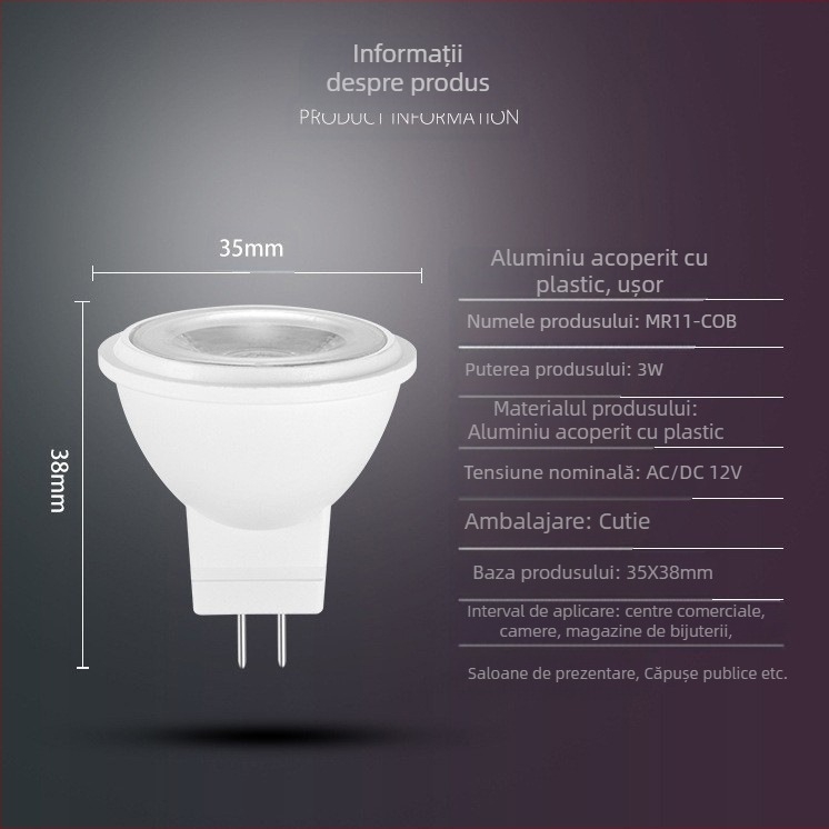 MR11 LED spot, 12V AC/DC, 3W, 11 COB LED-uri, fascicul de 180°