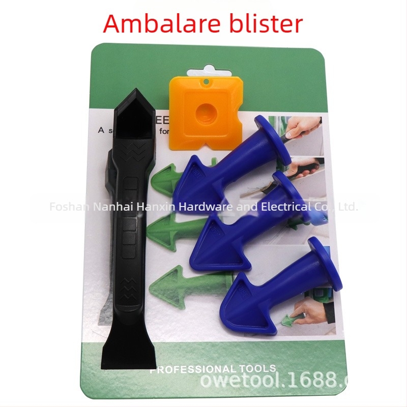 Set de instrumente pentru frumusețe și cusut, din plastic, format din cinci piese, cu racletă cu unghiuri multiple, duză ascuțită și spatulă pentru lipici