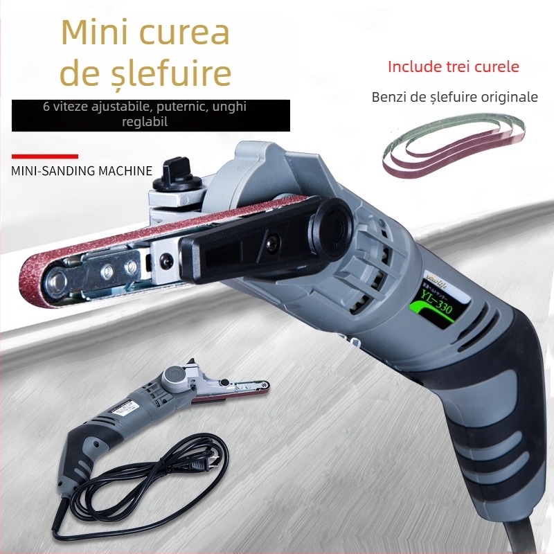 Mașină portabilă de șlefuit cu bandă abrazivă – alimentare la priză, 220V, greutate 1,9 kg, cablu 2,2 m, pentru decor interior.