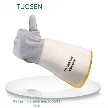 Mănuși de sudură din piele de vițel, dublu strat, piele completă, pentru tăiere și sudură, greutate 160–260 g, origine Linyi