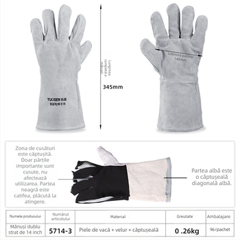 Mănuși de sudură din piele de vițel, dublu strat, piele completă, pentru tăiere și sudură, greutate 160–260 g, origine Linyi