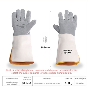 Mănuși de sudură din piele de vițel, dublu strat, piele completă, pentru tăiere și sudură, greutate 160–260 g, origine Linyi