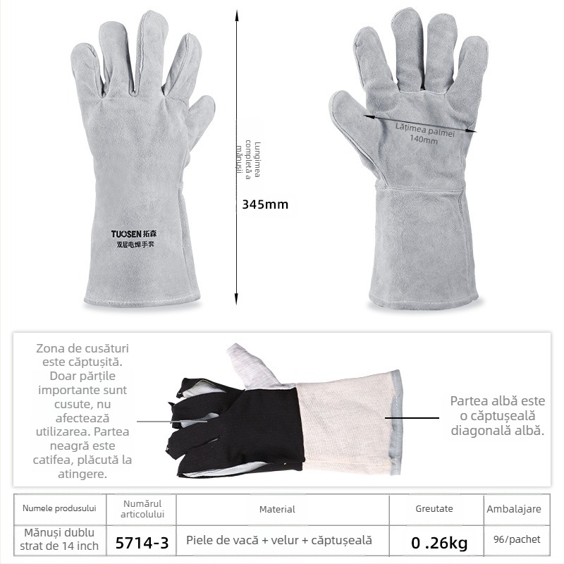 Mănuși de sudură din piele de vițel, dublu strat, piele completă, pentru tăiere și sudură, greutate 160–260 g, origine Linyi