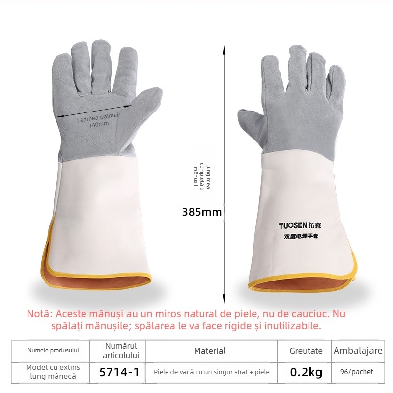 Mănuși de sudură din piele de vițel, dublu strat, piele completă, pentru tăiere și sudură, greutate 160–260 g, origine Linyi