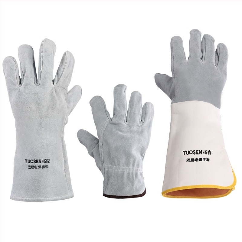 Mănuși de sudură din piele de vițel, dublu strat, piele completă, pentru tăiere și sudură, greutate 160–260 g, origine Linyi