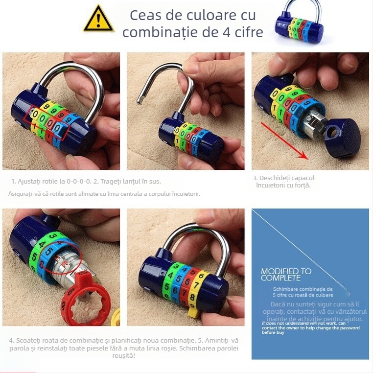 Lacăt cu combinație din aliaj de zinc, 4/5 cifre, model 206, pentru dulapuri și uși, grosimea tijă de blocare 7