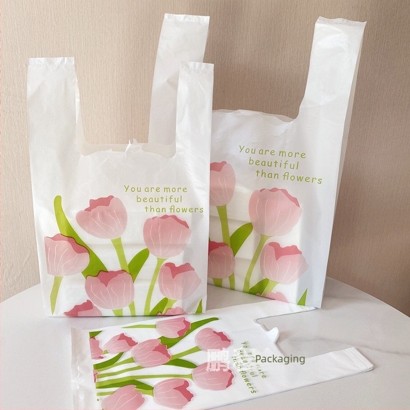 Geantă de ambalaj din material nețesut cu model tulipă, pentru cadouri, take-away și deserturi